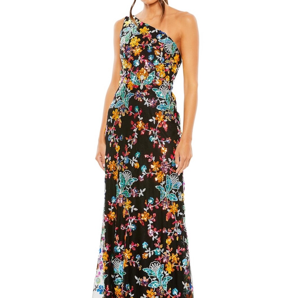 Mac Duggal Black Floral One-Shoulder Maxi Dress